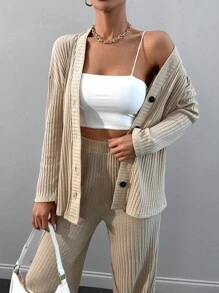 SHEIN Cottnline Feel Comfortable And Cozzy Cardigan Top& Pants Set - Beige - View 7