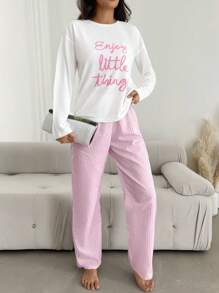 RueChic 100%Cotton Slogan Graphic Tee & Striped Pants PJ Set - Multicolor - View 3