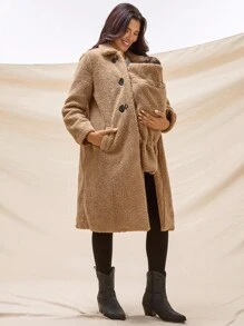 Boho Mama Maternity Solid Color Minimalist Daily Wear 3-In-1 Long Sleeve Jacket  Winter Coats   Faux Fur Coats  Boho  Winter Coat  Fleece Winter Coat - Khaki - View 3