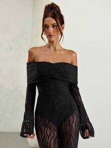 SHEIN BAE Women's Solid Black Sexy Minimalist Off-Shoulder Bodysuit, Sheer Lace, Suitable For Graduation Ceremony, Autumn/Winter Undershirt, Party, Night Club, Formal Occasions,Valentine's Day,Valentine Outfits For Women - Black - View 5