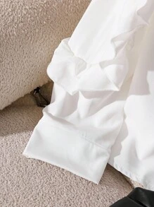 青春期女孩时尚复古白领衬衫，荷叶边袖设计，黑色蝴蝶结装饰，休闲校园风格 - 白色 - 查看 6