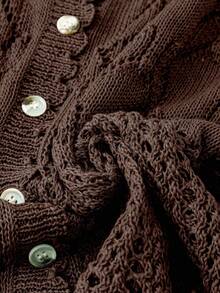 SHEIN LUNE Plus Size Women Solid Color Knitted Round Neck Hollow Out Single-Breasted Short Sleeve Cropped Casual Lightweight Cardigan, Spring/Summer - Brown - View 4