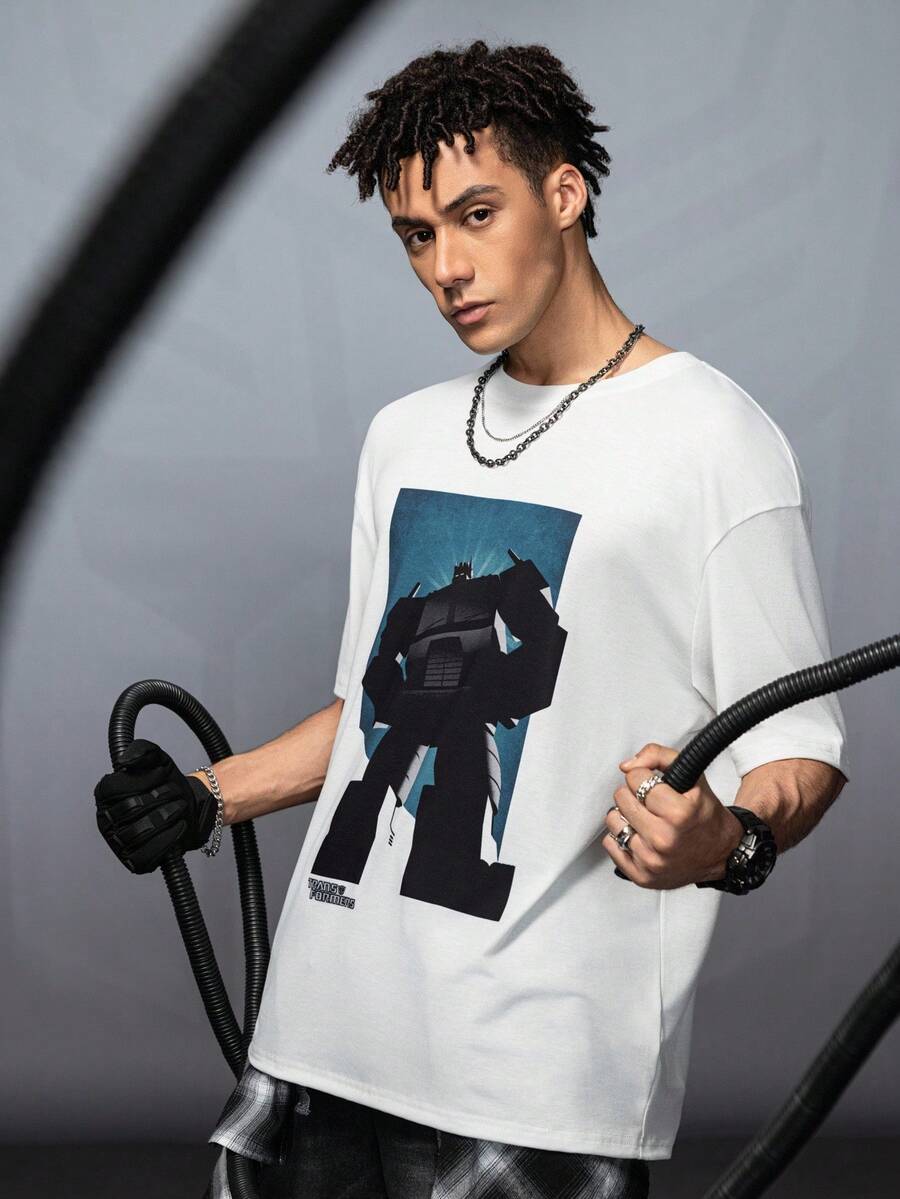 Transformers X SHEIN 男式机器人图案圆领短袖T恤 - 白色 - 查看 1