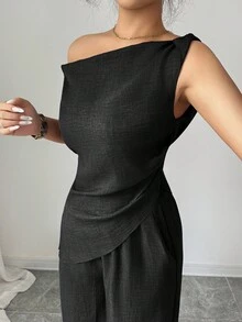 Elenzga 夏季新款韩版女装两件套，适合旅行和摄影，优雅深蓝色不对称肩上衣+高腰休闲裤 - 黑色 - 查看 3