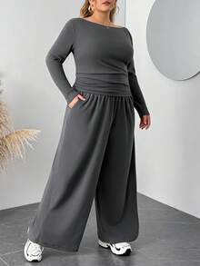 SHEIN CURVE+ 2 Stück/Set Damen Große Größen Grau Langarm T-Shirt und Hose Strick Slim Fit Anzug/Herbst/Winter - Dunkelgrau - Übersicht 3