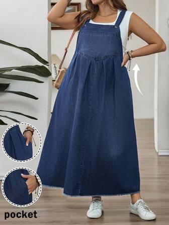 SHEIN CURVE+ Plus Size Women's Autumn Dark Denim Blue Holiday Casual Long Denim Dress,Fall Women Clothes,Back To School Outfits