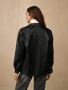 Wildy 女式春季时尚仿皮短袖夹克翻盖口袋落肩纽扣衬衫长袖衬衫