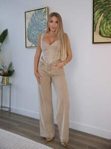 Cioccolato 水洗低腰宽松牛仔裤，90 年代春季 Y2K 休闲风，夏季狂欢音乐会假日风 - 卡其色 - 查看 1