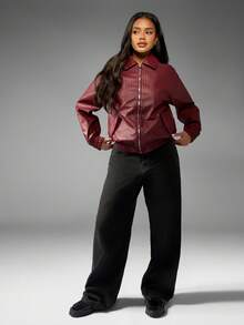 MISSGUIDED 女士编织皮革飞行员夹克绗缝图案冬季时尚休闲拉链外套带领罗纹下摆酒红色 - 酒紅色 - 查看 3