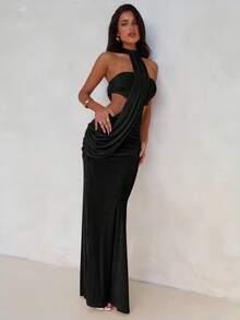 Aloruh Women's Spring/Summer Vacation Wrap Asymmetric Flowy Maxi Mermaid Bodycon Dress,Party Dresses For Women,Dresses For Women Party - Black - View 4