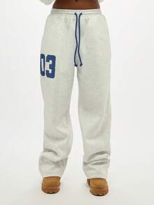 SUMWON WOMEN Pantalon de jogging ample avec numéros de varsité d'université, jambes larges, coupe ample, chaud pour l'hiver, ample et confortable, mode streetwear, graphiques numéro 003