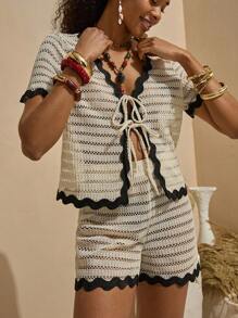 Bóhologie Boho Bohemela Womens Clothing Women Summer Clothes Woman Solid Color Knitting Fabric Contrast Tape Detailed Short Sleeve Front Tie Top T-Shirt And Elastic Waist Short 2 Pieces Outfits Co Ords Beachwear Cover Up Summer Beachwear Clothing Women Summer Sets - Cream - View 4