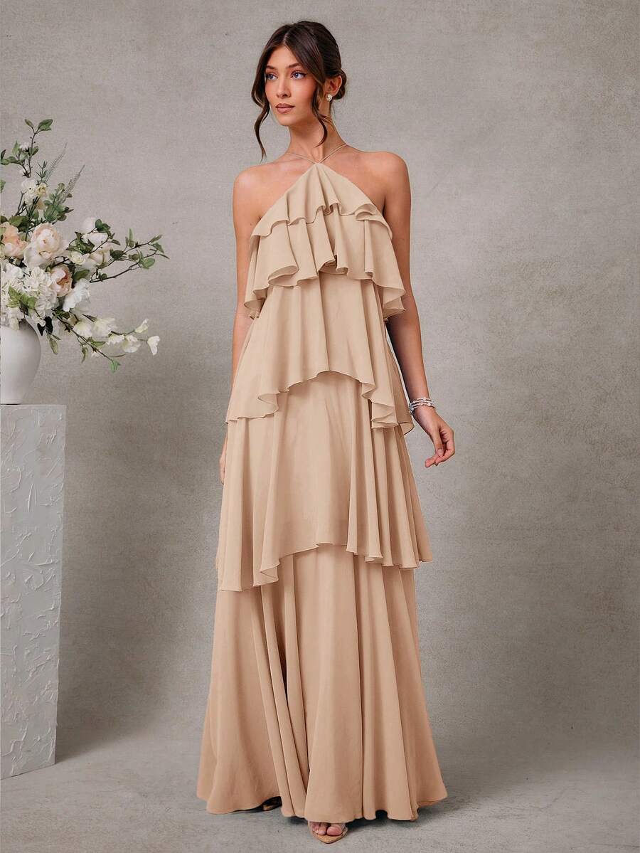 L'Amorae 优雅浪漫婚礼宾客纯色露背分层雪纺长裙 - 卡其色 - 查看 1