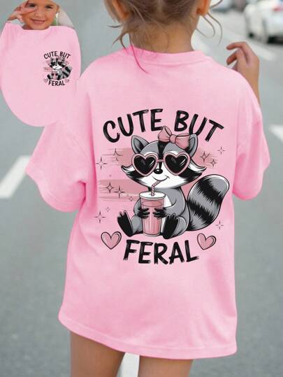SHEIN Playful Pals Young Girl' Casual Cute Raccoon Heart & Letter Print Short Sleeve Round Neck T-Shirt, Spring & Summer
