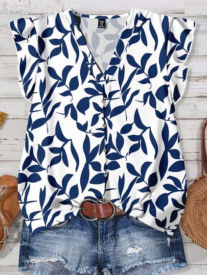 EMERY ROSE VCAY Floral Print Casual Loose Blouse For Plus Size Women, Suitable For Summer Chic Blouses For WomenIn Fall/Winter