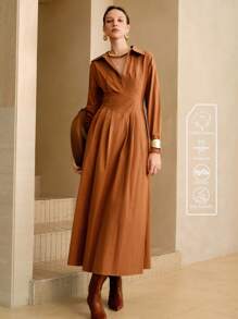 Aveloria Women's Half-Open Shirt Collar, Waist Pleated Design, Daily Workplace Commuting Casual Dress Toffee Color Shirt Dress Teacher Outfits For Women Business Casual Woman Office Outfits For Women Work Outfits For Women Work Dresses For Women Fall Women Clothes Fall Outfits Women Fall Autumn Clothes Maillard Style