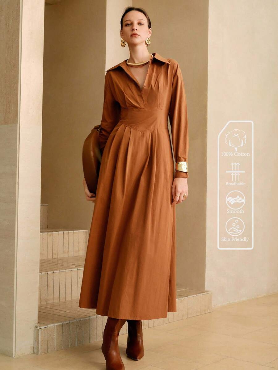 Aveloria Women's Half-Open Shirt Collar, Waist Pleated Design, Daily Workplace Commuting Casual Dress Toffee Color Shirt Dress Teacher Outfits For Women Business Casual Woman Office Outfits For Women Work Outfits For Women Work Dresses For Women Fall Women Clothes Fall Outfits Women Fall Autumn Clothes Maillard Style