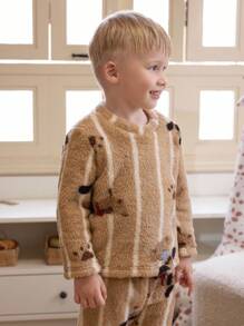 Young Boys Cute Cartoon Puppy Striped Fleece Print Long Sleeve Round Neck Pajama Sets Bear Pajamas Toddler Boy - Mocha Brown - View 6