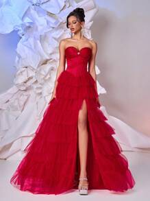 Glamrae Elegant Red Satin & Net Mesh Lace Sweetheart Neckline Rhinestone & Fishbone Boned Belted A-Line Asymmetrical Hem High Slit Backless Adjustable Tie Dress, Suitable For Birthday, Prom, Wedding, Graduation, Formal Occasion - Burgundy - View 7