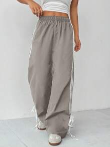 SHEIN PETITE Quần ống rộng lưng thun co giãn sọc hai bên dành cho nữ - Xám - Xem 4