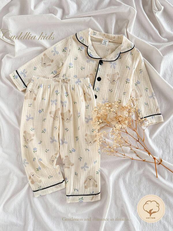 2pcs/Set Baby Girls' Beige Cute Bear & Bow Print Soft Cotton Sweatshirt & Pants Homewear Set  Baby Pajamas Set Toddler Pajamas Vintage Baby Clothes Cotton Baby Pajamas 2 Piece Pajama Set Baby 9M-3Y Fall Winter