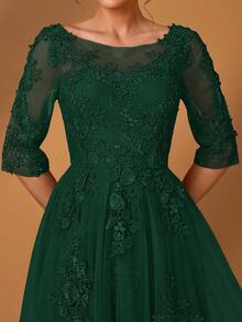 Serin 浪漫优雅圆领七分袖蕾丝撞色网纱A字下摆奢华贴花连衣裙，适合晚宴、约会、舞会、单身派对、音乐节、婚礼、新娘母亲、情人节等场合。 - 墨綠色 - 查看 5