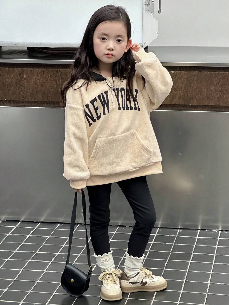 DAZY Young Girls Hooded Sherpa English Print Casual Street Style Long Sleeve Sweatshirt Fall,Winter - Apricot - View 1
