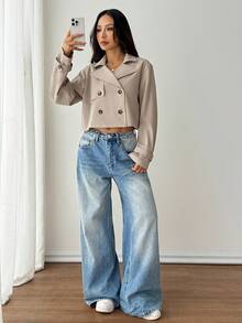 SHEIN PETITE 女款卡其色純色雙排扣短版夾克外套 秋季/教師節 辦公商務 經典優雅休閒 - 杏色 - 查看 7