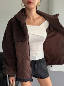 DAZY Women's Autumn/Winter Patchwork Houndstooth Short Lamb Wool Padded Coat Jacket - Brown - View 8