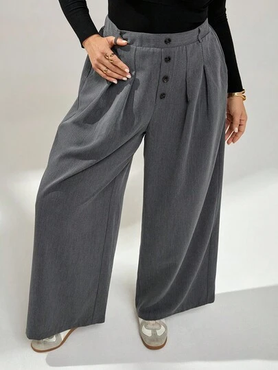 Auralis Plus Size Women's Spring And Autumn Fashion Casual Loose Comfortable Daily Versatile Slim Button Decoration Elastic Waist Gray Wide-Leg Pants Suit Pants,Women Bottom,Fall Outfits,Office Attire For Women,Baggy Pants,Simple Style Winter