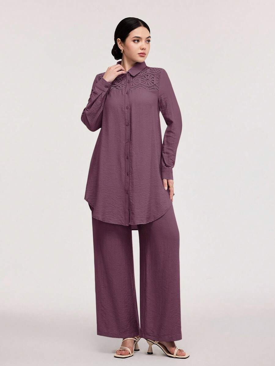 Veilorie 女式纯色简约长袖上衣和长裤两件套，日常穿着 - 粉色 - 查看 1