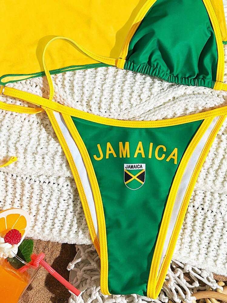 Swim Vcay 3 pièces/Set Bikini de Printemps Pour Femmes, Top à Bretelles Multicolore et Bas Tanga avec Crop Top à Col Rond Manches Courtes, Maillot de Bain Casual Sport, Style Boho Festival - Multicolore - Voir 5