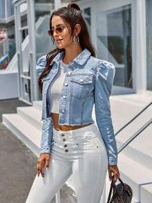 EMERY ROSE 大码前扣口袋休闲长袖牛仔泡泡袖夹克 - 淺色水洗藍 - 查看 4