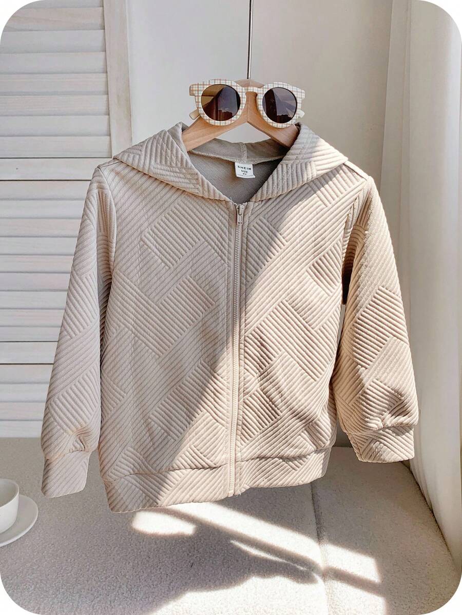 SHEIN 1pc Young Boys' Casual College Style Textured Fabric Zip Up Jacket, Suitable For Autumn And Winter School Fall - Apricot - View 1