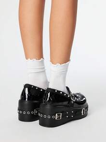 ROMWE Grunge Punk 女式朋克摇滚哥特式侧拉链铆钉防水厚底骑士靴，重型厚底摩托车靴，厚底和粗跟鞋，万圣节 - 紅色 - 查看 5