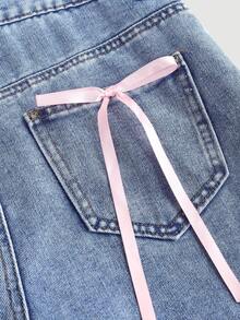 SHEIN Girlism 少女粉色丝带蝴蝶结宽腿蓝色牛仔背带裤 - 淺色水洗藍 - 查看 3
