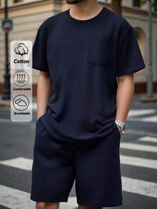 RueChic Men Waffle Fabric Pocket Detail Regular T-Shirt Set - Navy Blue - View 1