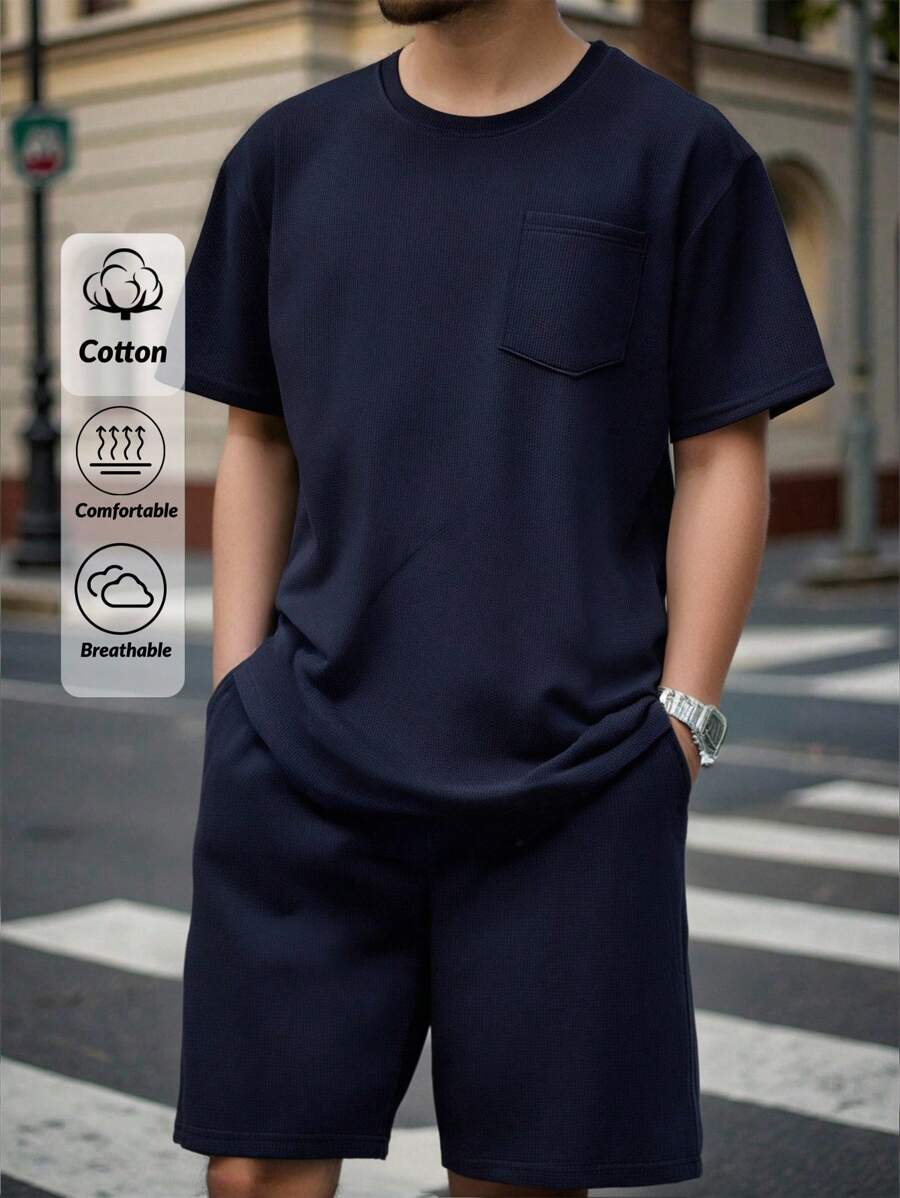 RueChic Men Waffle Fabric Pocket Detail Regular T-Shirt Set - Navy Blue - View 1