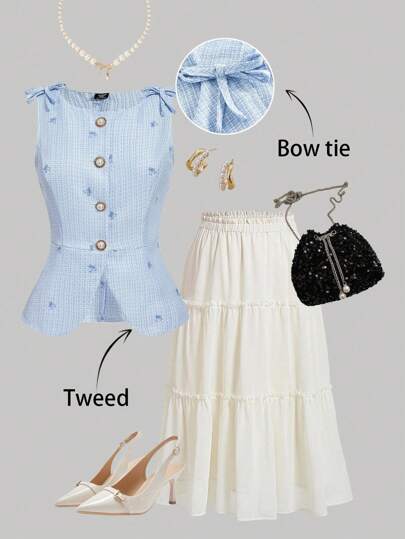 SHEIN MOD Plus Size Women's Embroidered Bowknot Shoulder Vest Jacket