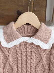 SHEIN 年轻女孩创意麻花针织荷叶边领可爱毛衣