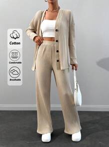 SHEIN Cottnline Feel Comfortable And Cozzy Cardigan Top& Pants Set - Beige - View 1