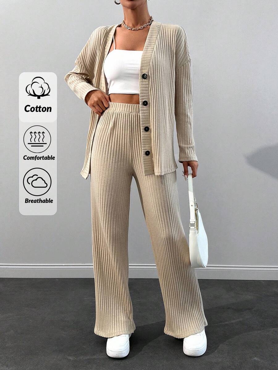 SHEIN Cottnline Feel Comfortable And Cozzy Cardigan Top& Pants Set - Beige - View 1