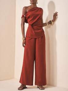 Zivah Rust Brown Summer Elegent Party Women's 2 Pieces Set,Asymmetric Shoulder Metallic Decor Pleated Top And Wide Leg Pants,Glossy Textured Fabric Outfit - Brown - View 4