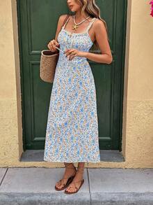 Serisse Vestido camisero informal de mujer a media pierna con estampado floral y bajo con volantes - Azul - Ver 6