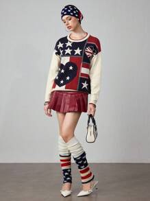 ROMWE J-Fashion Y2K 复古五角星条纹美式休闲女毛衣 - 藍色 - 查看 6