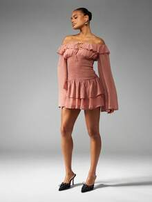 MISSGUIDED Off Shoulder Ruffle Mini Dress With Bell Sleeves Smocked Waist Evening Party Wedding Guest Spring Summer - Camel - View 5