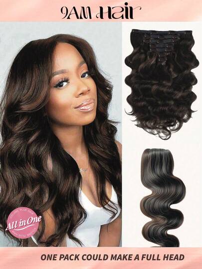 150g Tóc giả kẹp Body Wave cho toàn bộ đầu 16-20 inch Tóc giả xoăn màu nâu sẫm 7 sợi Remy cho phụ nữ Tóc giả kẹp