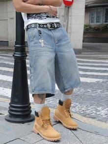 Manfinity EMRG Quần short denim ống rộng 5 điểm đơn giản, dáng rộng, có túi loe dành cho nam - Màu xanh lam - Xem 4