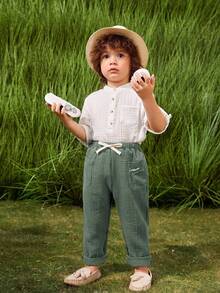 SHEIN 男童休闲百搭字母刺绣裤 - 綠色 - 查看 4