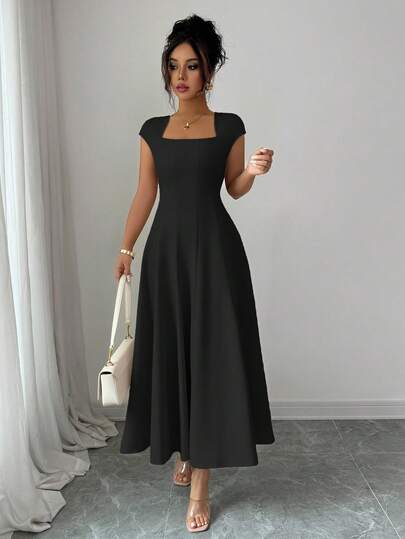 Elenzga Women's Elegant Solid Color Square Neck Waist Tie Splice A-Line Short Sleeve Midi Dress, Suitable For Commute, Beach, Vacation, Music Festival, Beer Festival In Spring/Summer